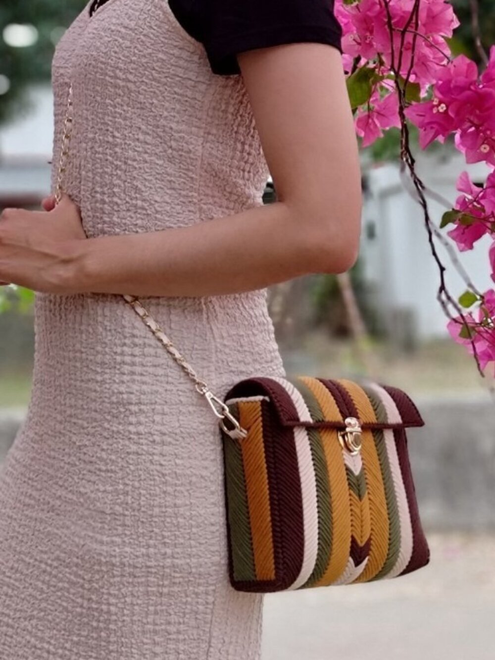 Handmade Striped Woven Box Clutch with Chain Strap